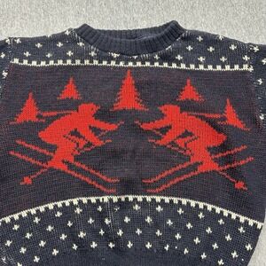 Children's Vintage Ski Motif Sweater Unbranded Blue Red Winter *READ*
